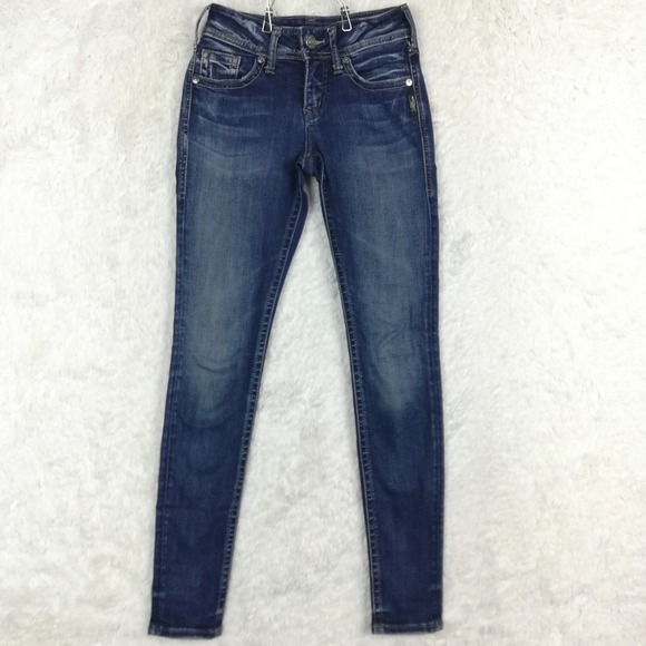 Silver Jeans Womens‎ Suki Super Skinny Blue Denim Whiskering Stone Wash Low 24 - Picture 1 of 11